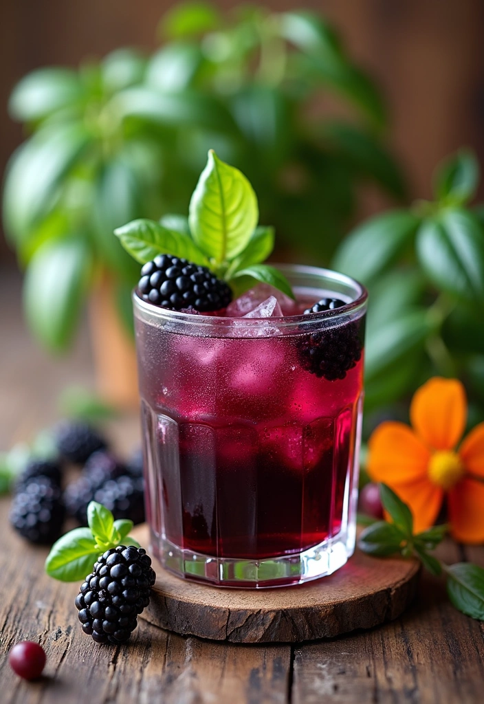 A vibrant purple cocktail with fresh blackberries and basil garnish