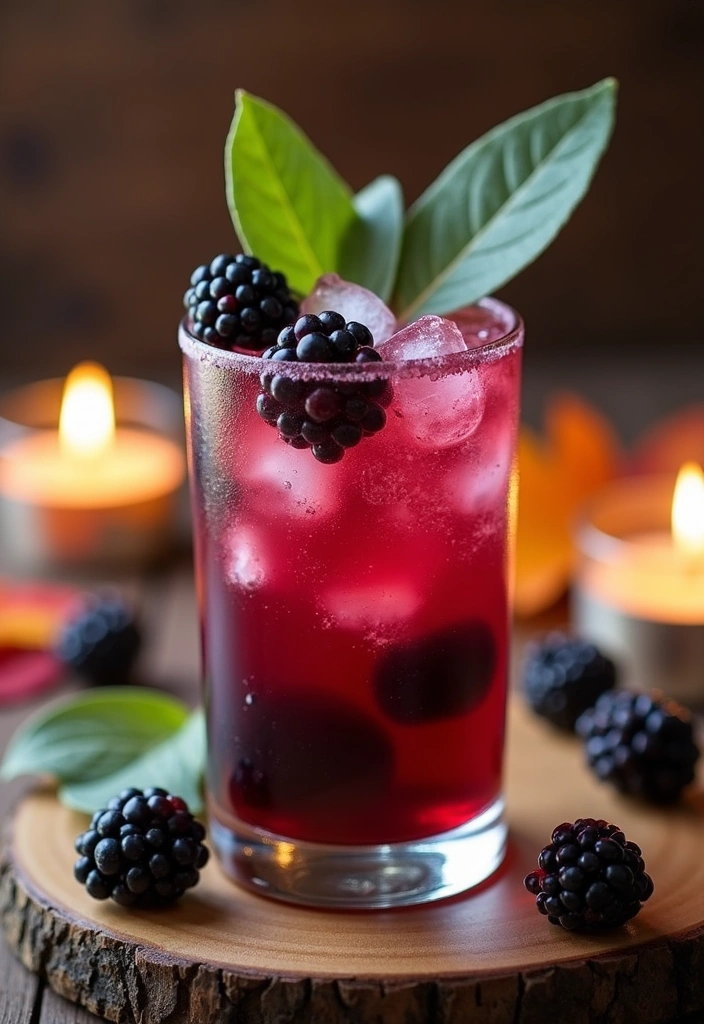 A deep purple blackberry sage smash cocktail with muddled blackberries, fresh sage leaves, and crushed ice