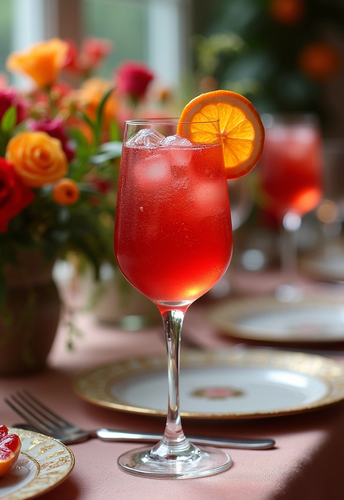 A vibrant blood orange spritz cocktail with fresh citrus garnish