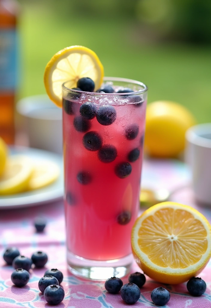 A purple-blue blueberry lemon smash cocktail with fresh blueberries, mint leaves, and a lemon wheel garnish