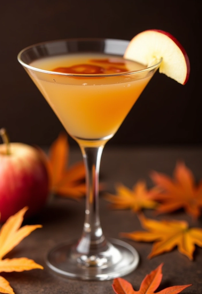 A sophisticated caramel apple martini with apple slice and caramel drizzle