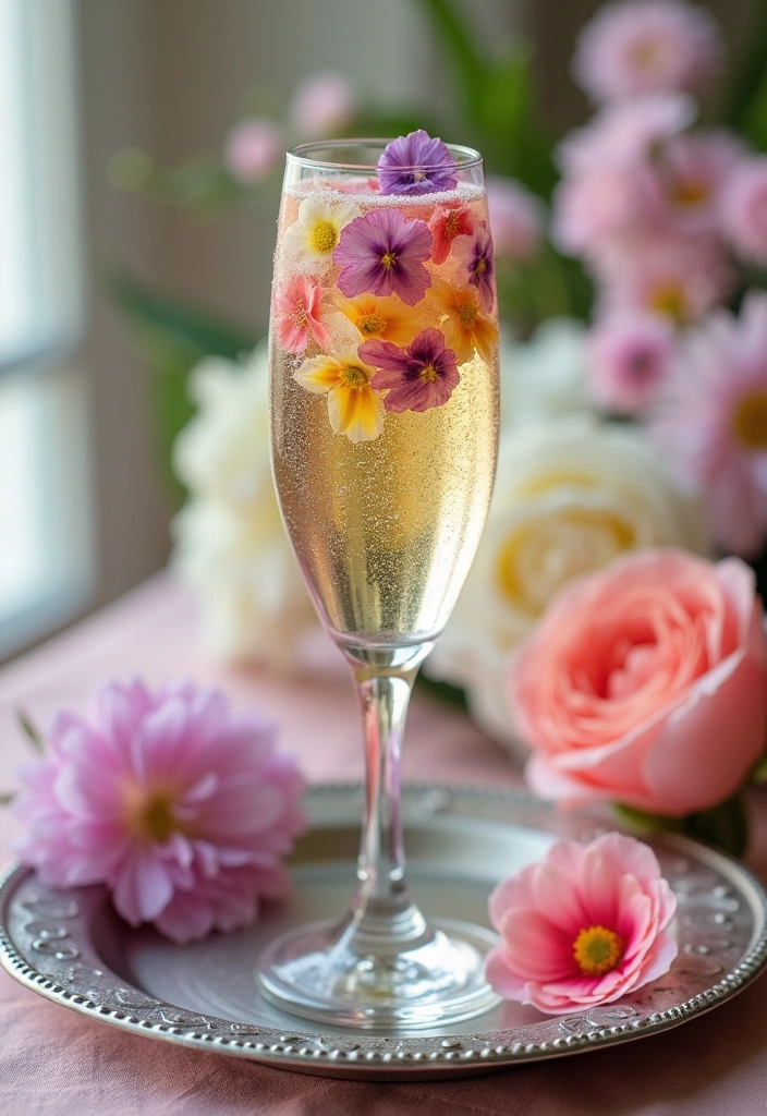 A crystal champagne flute filled with sparkling wine and decorated with delicate edible flowers