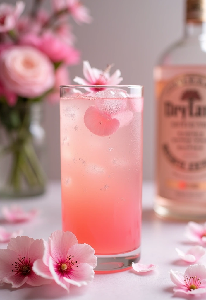 A delicate pink cocktail garnished with cherry blossoms