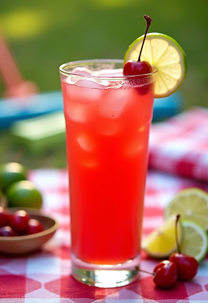 A bright red cherry limeade cocktail with fresh cherries, lime wheels, and crushed ice in a highball glass