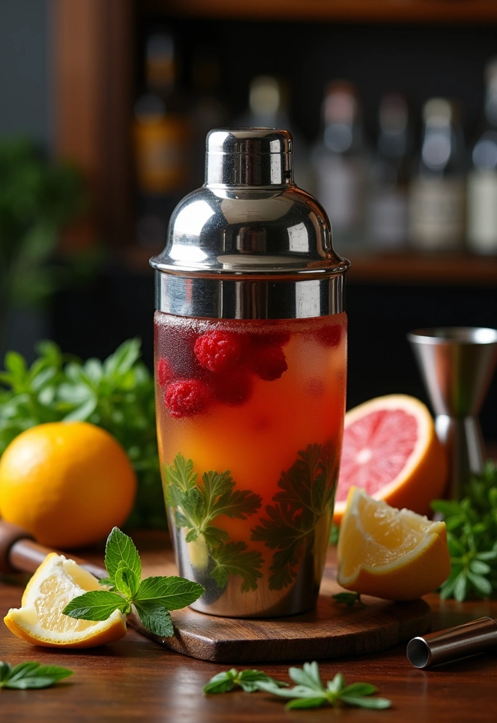 A professional stainless steel cocktail shaker set with a shaker tin, strainer, and measuring jigger arranged on a dark wooden surface