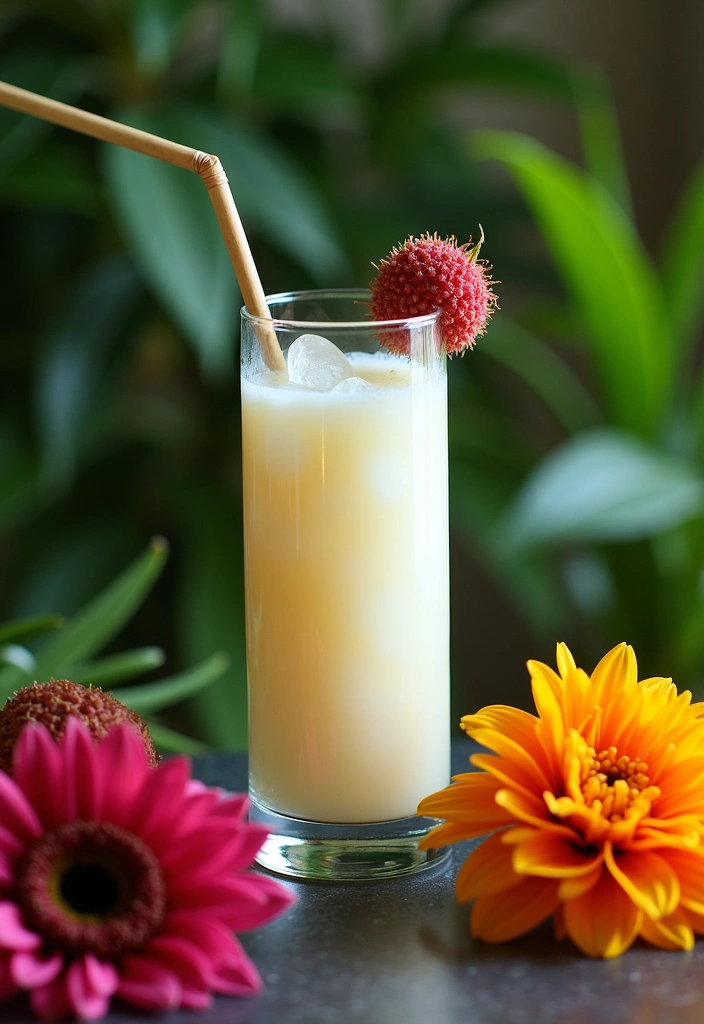 A creamy white daiquiri garnished with fresh lychee