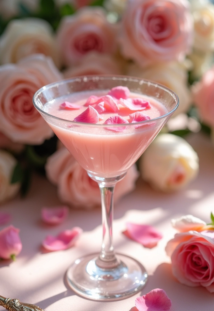 A luxurious creamy rose martini in a chilled martini glass with rose petal garnish