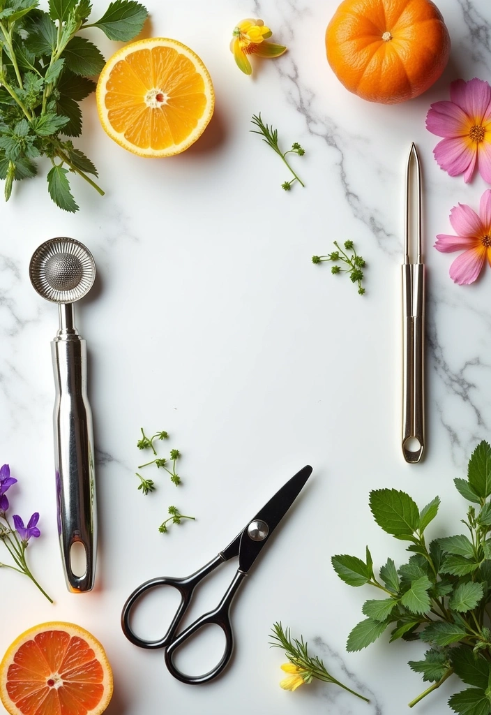 Essential garnishing tools including a channel knife, peeler, and paring knife arranged on a cutting board