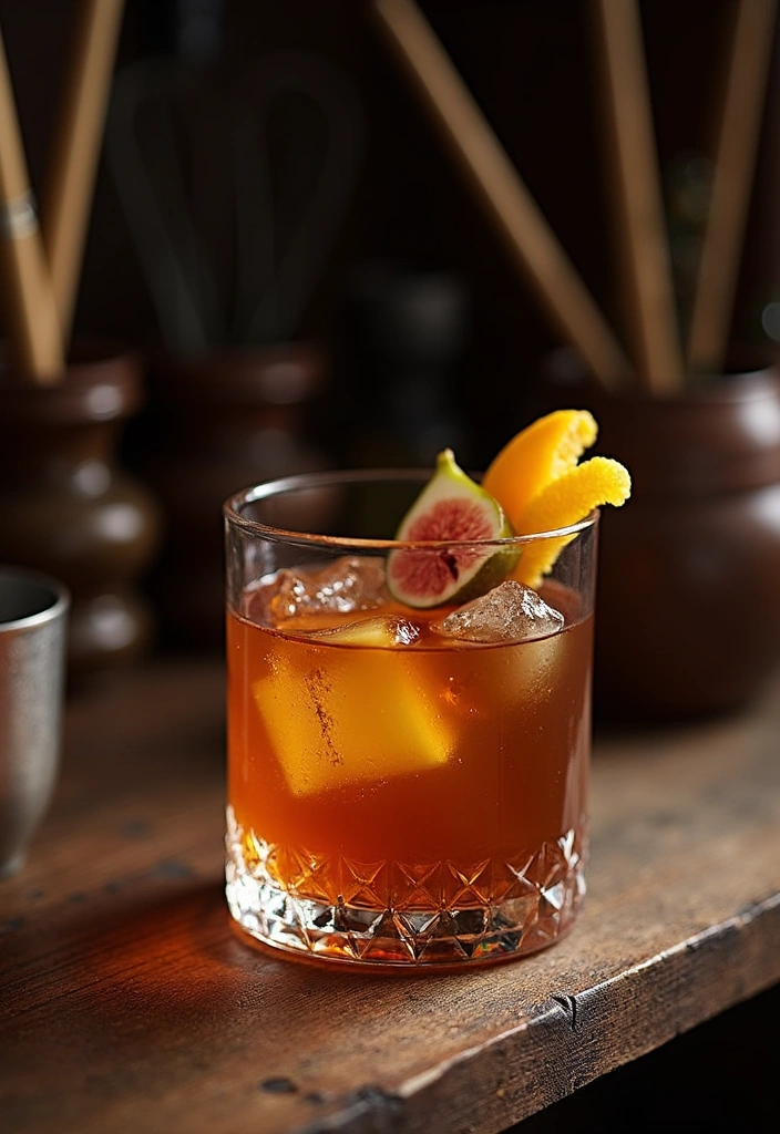 A sophisticated golden fig old fashioned in a rocks glass with fig and orange garnish