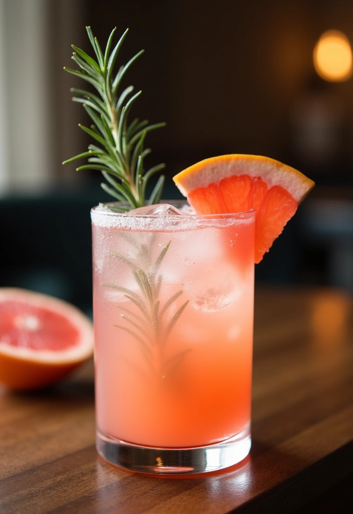 A pale pink grapefruit rosemary gin fizz in a highball glass, garnished with a sprig of rosemary and a grapefruit wedge