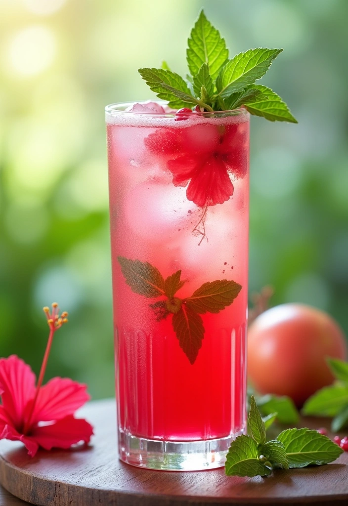 A vibrant pink hibiscus mojito with fresh mint and hibiscus flower garnish