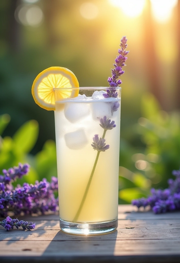 A light purple lavender lemonade cocktail in a tall glass, garnished with fresh lavender sprigs and lemon wheels