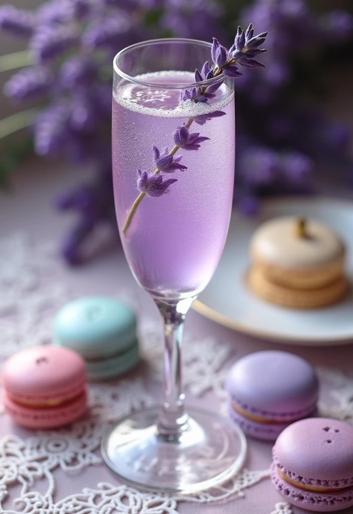 A delicate lavender royale cocktail in a champagne flute with a fresh lavender sprig garnish