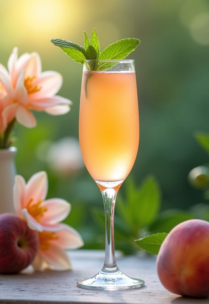 A refreshing minted peach bellini with fresh mint garnish