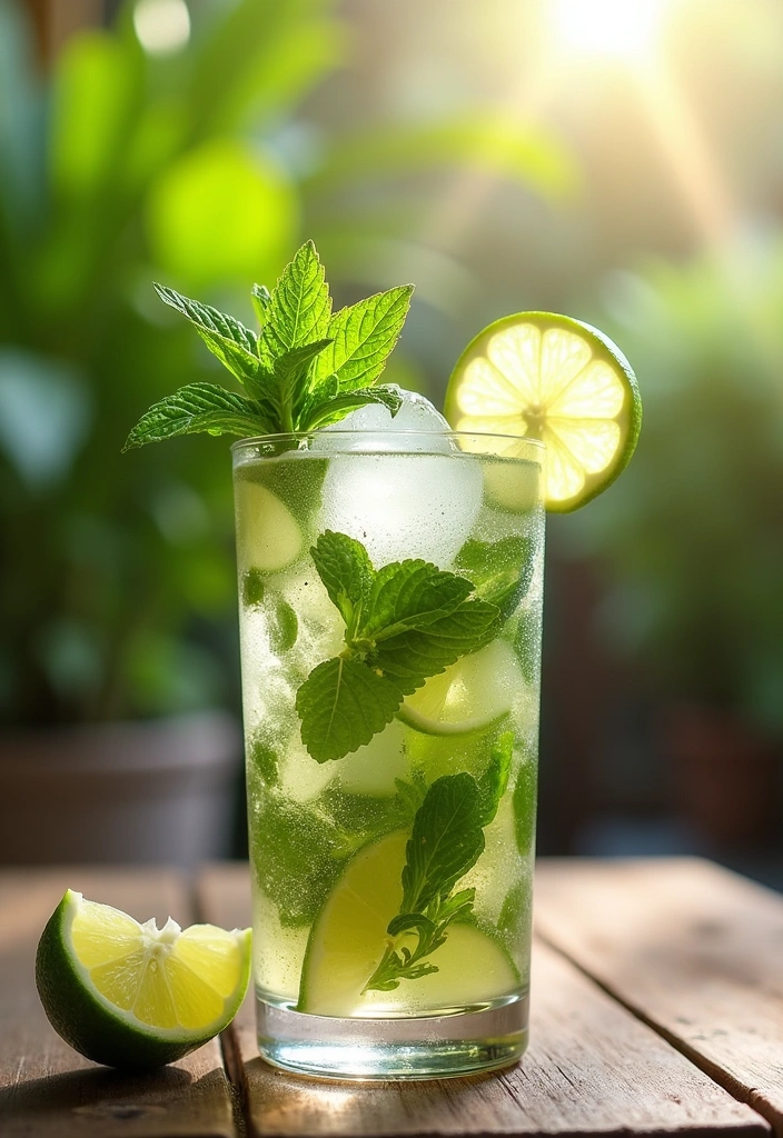 A refreshing mojito cocktail garnished with fresh mint leaves and lime wedges, served in a tall glass with crushed ice