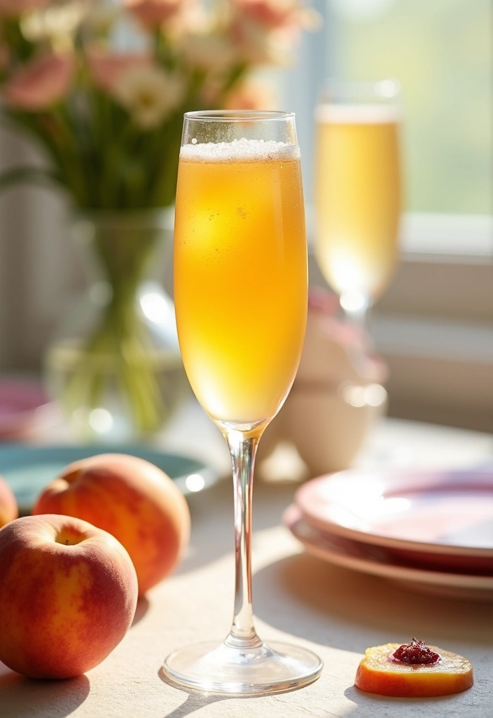 An elegant peach bellini in a champagne flute, showing layers of peach puree and prosecco with a fresh peach slice garnish