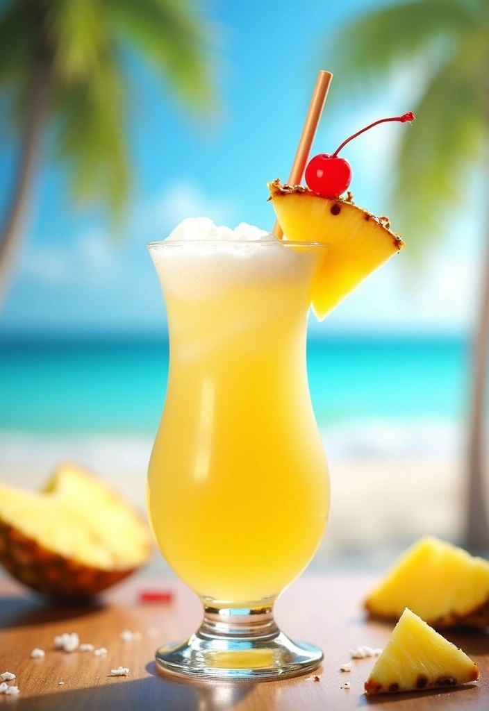 A tropical pineapple coconut fizz cocktail in a hurricane glass, topped with coconut cream and garnished with a pineapple wedge