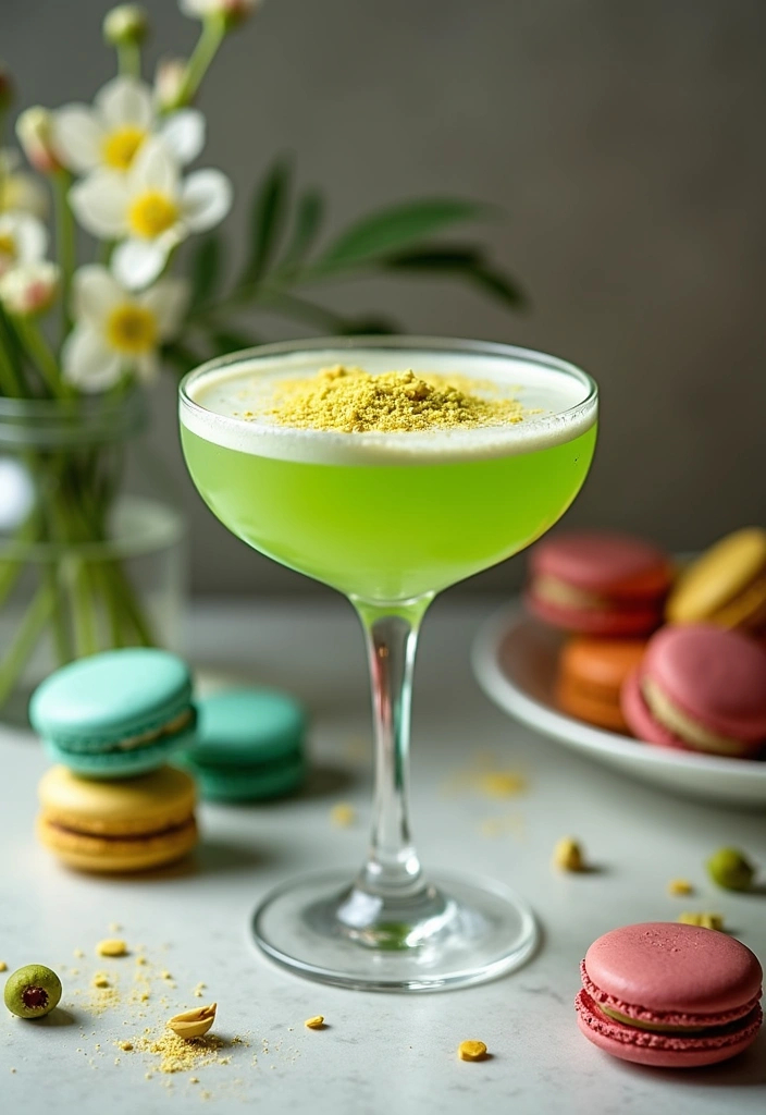 A vibrant green pistachio sour cocktail with crushed pistachios garnish