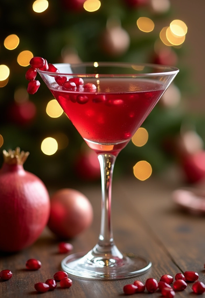 A ruby-red pomegranate martini in a chilled martini glass, garnished with floating pomegranate seeds