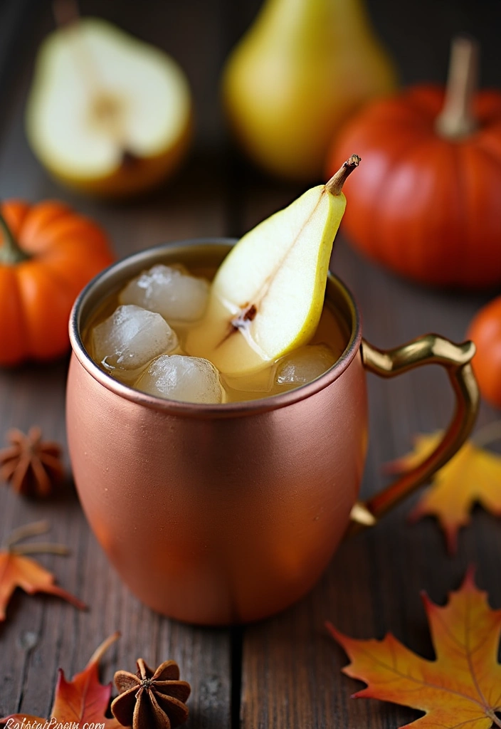 A copper mug filled with spiced pear mule and garnished with a fresh pear slice