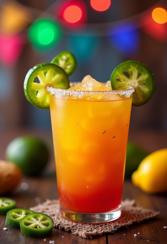 A golden yellow spicy mango margarita with a Tajín-rimmed glass, garnished with jalapeño slices and a mango wedge