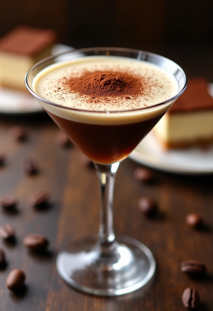 A decadent tiramisu espresso martini with cocoa powder dusting