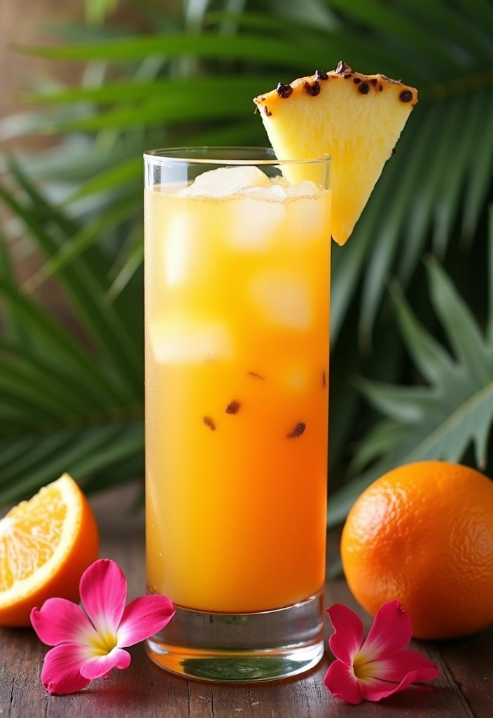 A vibrant tropical rum punch with fresh fruit garnish