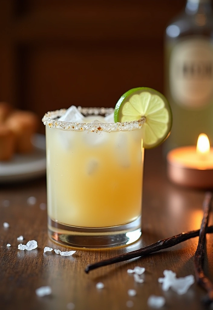 An elegant vanilla bean margarita with vanilla pod garnish