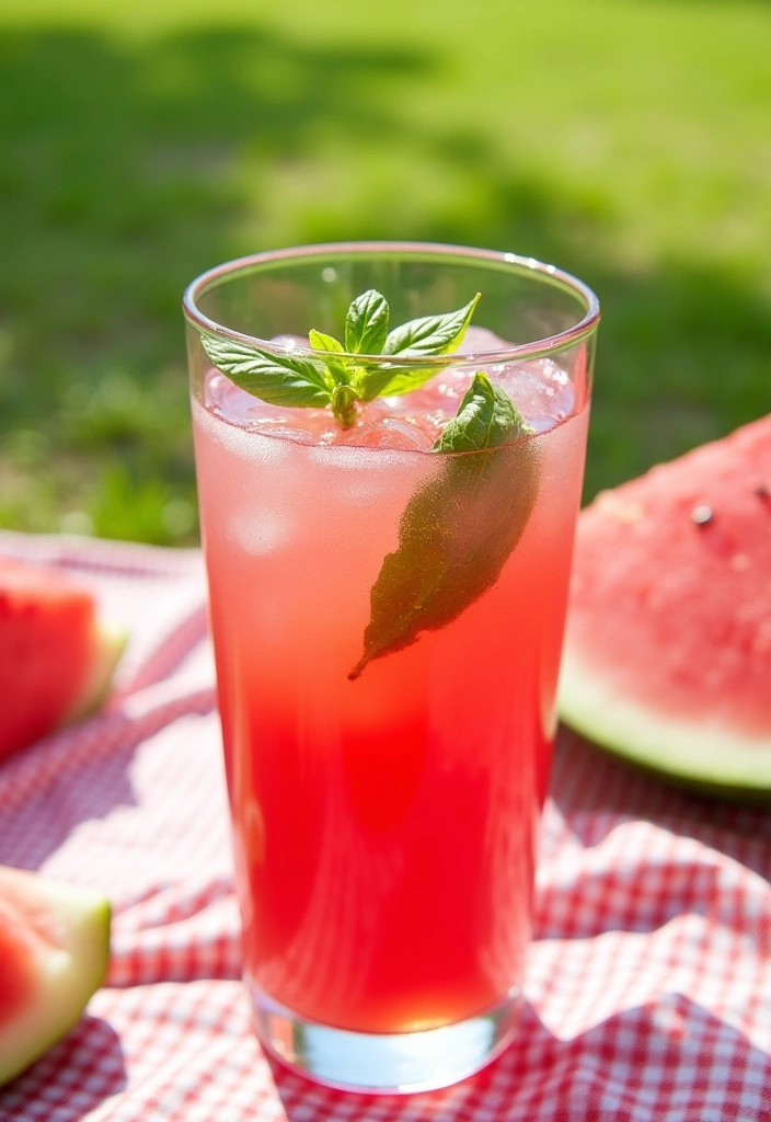 A bright pink watermelon basil spritzer cocktail in a wine glass, garnished with fresh basil leaves and watermelon cubes